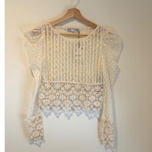 NWT Zara Beaded Mesh Blouse, Crochet Lace, Pearl Detailing, Off White, Size S